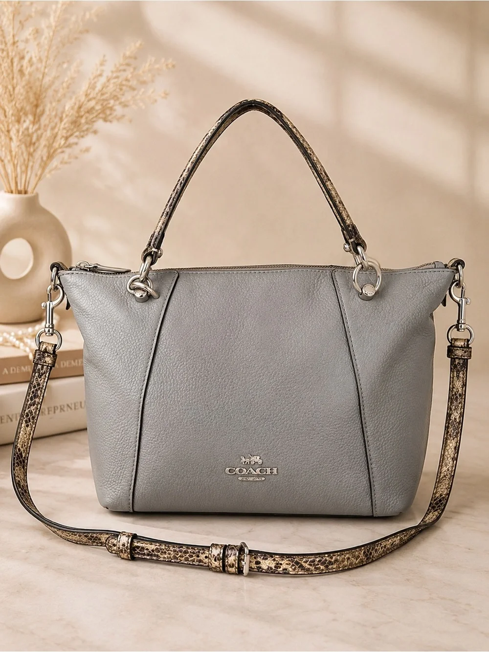 Coach Prairie Satchel Gray Pebbled Leather Crossbody Shoulder Bag Snake Trim